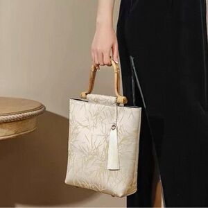 Elegant Cream Bamboo Handle Tote Bag